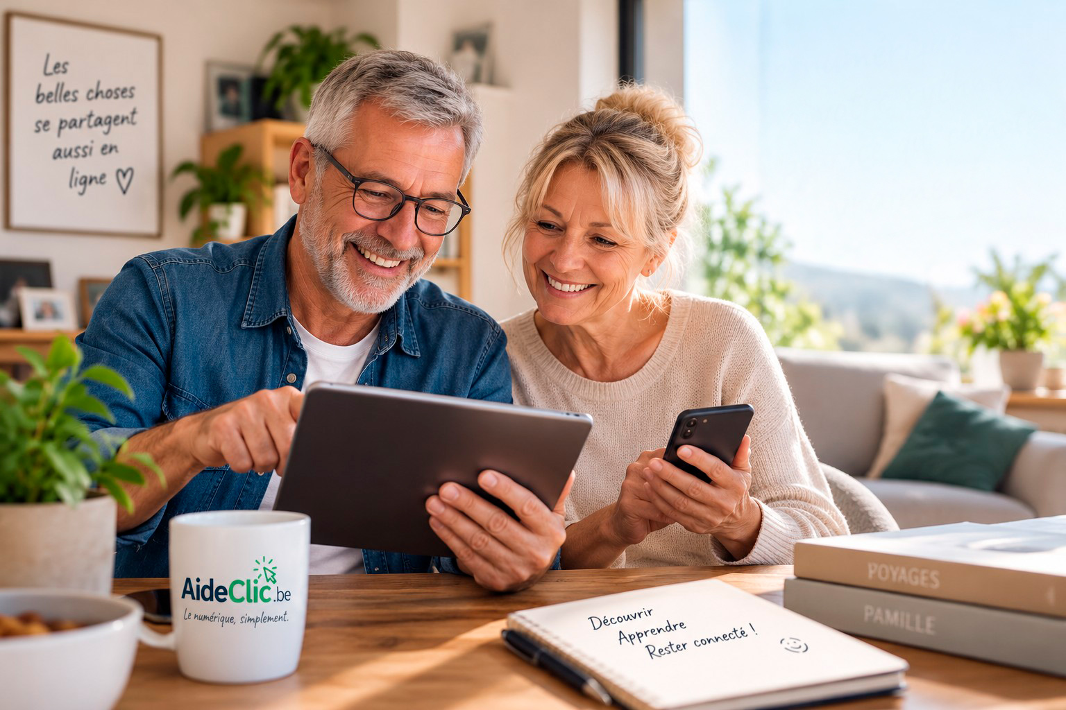 Un couple utilisant sereinement une tablette et un smartphone